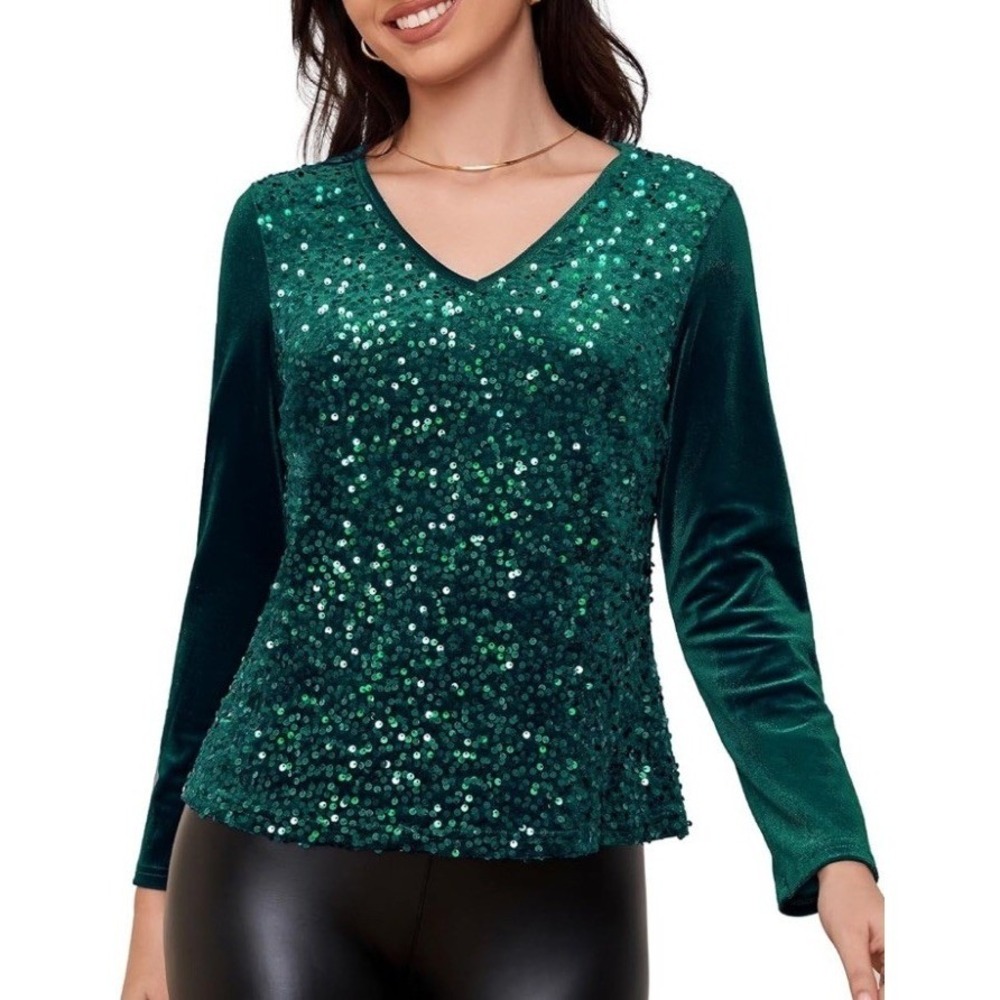 Dresstells Sequin Velvet Blouse Women Small Green NWT Holiday Party V-Neck Top